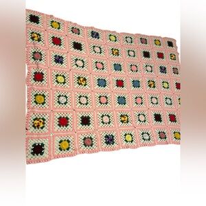 VTG Rose Afghan 3D Flowers Granny Square Pink White Multicolour Cottagecore Big